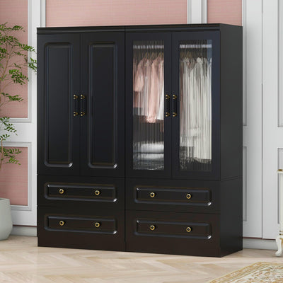 GraceGrove Armoire Wardrobe Closet with 4 Glass Doors and 4 Drawers, Armoire with Hanging Rods, Wood Armoire Closet Cabinet with Large Storage, Armoires and Wardrobes for Bedroom Black