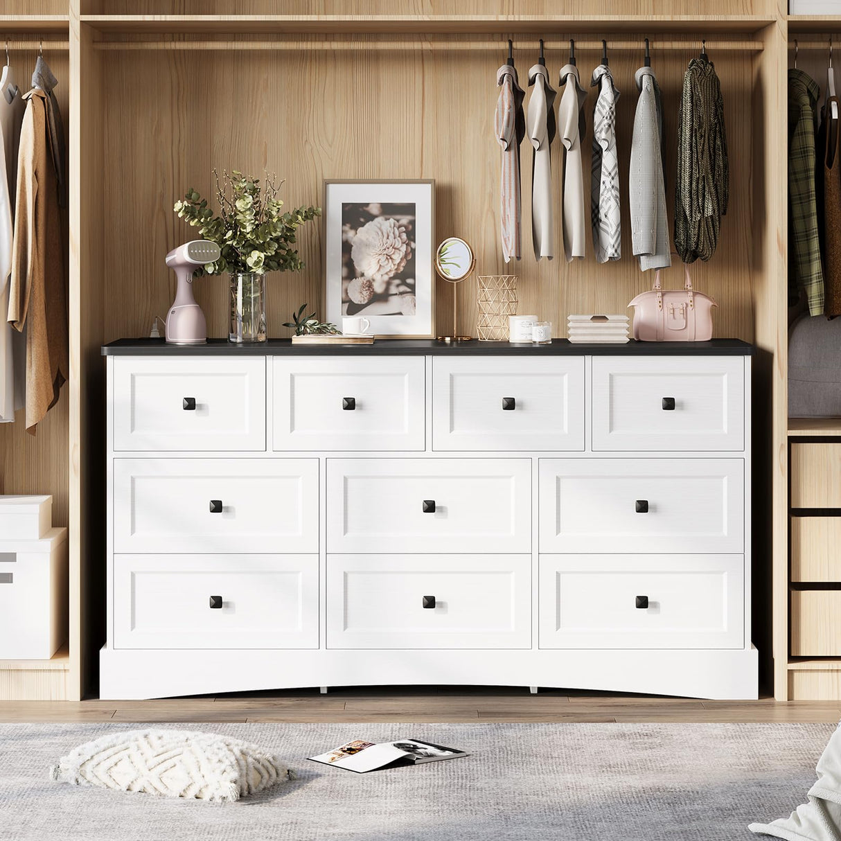 Hasuit Bedroom Dresser with 10 Drawers, 55.2" Long Dresser TV Stand with Charging Station, Farmhouse Dresser Chest of Drawers, Large Wood Storage Organizer Dresser for Bedroom Living Room, White/Black Hasuit