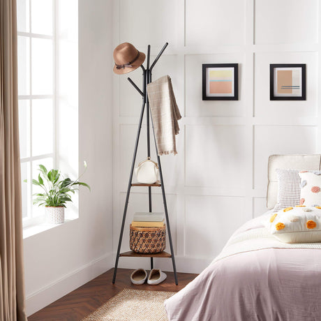 VASAGLE Coat Rack Freestanding, Coat Hanger Stand, Hall Tree with 2 Shelves, for Clothes, Hat, Bag, Industrial Style, Rustic Brown and Black URCR16BX VASAGLE