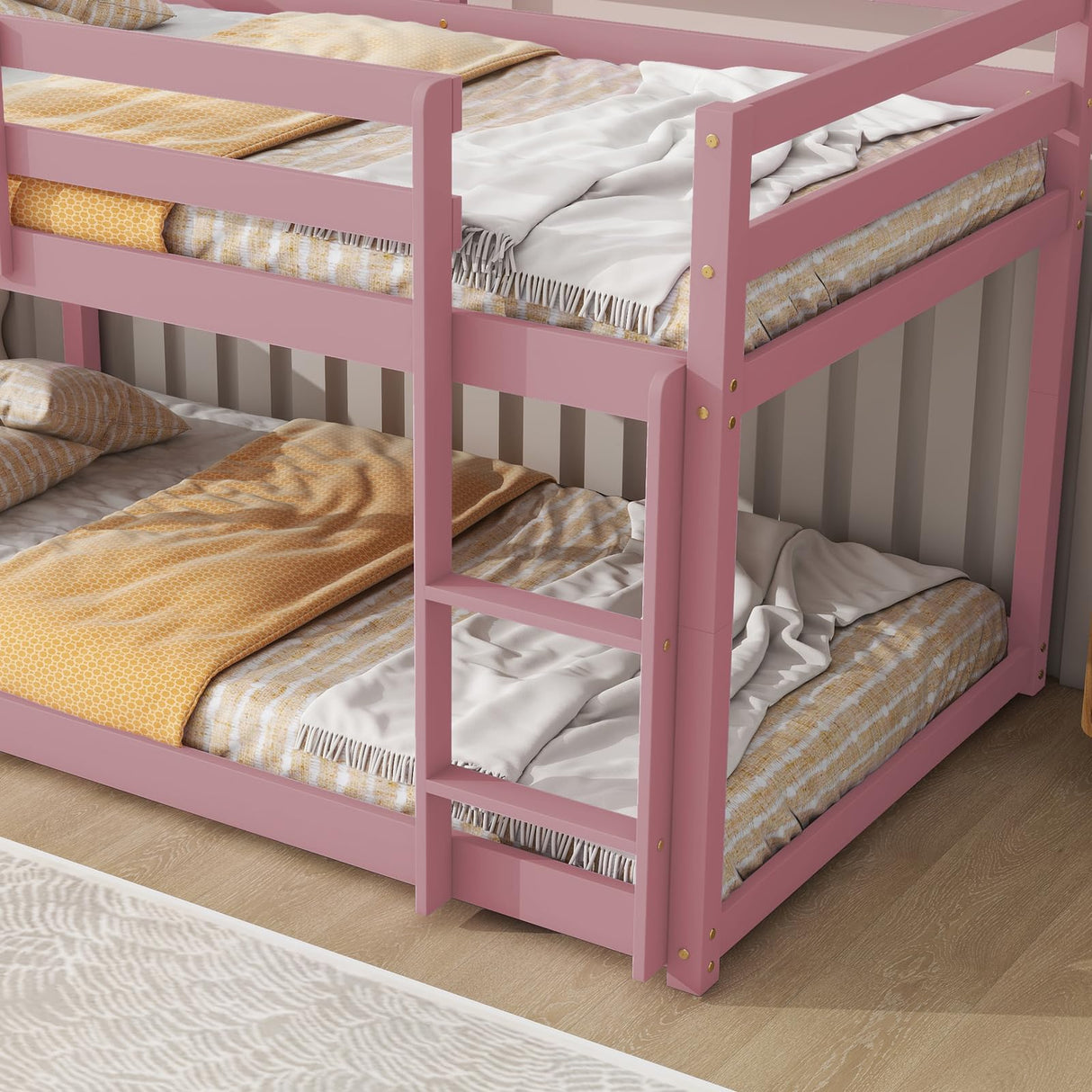 CNANXU Twin Low Bunk Bed,Twin Loft Bed with Ladder for Boys and Girls, Wood Loft Bed Twin Over Twin Bunk Bed Frame with Full Length Guardrail Multifunctional Design,Wooden Slat Support (Pink) CNANXU