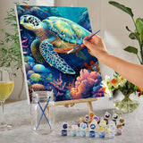 MaiMMaledy Paint by Numbers Kit for Adults Beginners 8Wx12L inch Canvas Pictures with Framed Drawing Painting Works with Wooden Triangle Easel Acrylic Pigment Sea Turtle MaiMMaledy