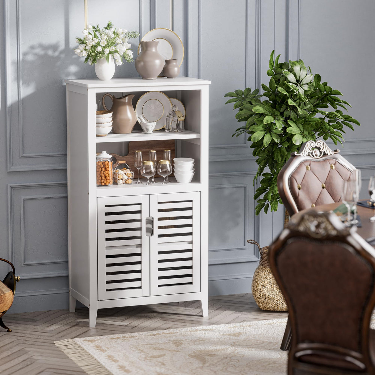 HITNET White Bathroom Cabinet, Bamboo Storage Cabinet Freestanding, Side Tall Storage Organizer for Kitchen Living Room Entryway HITNET