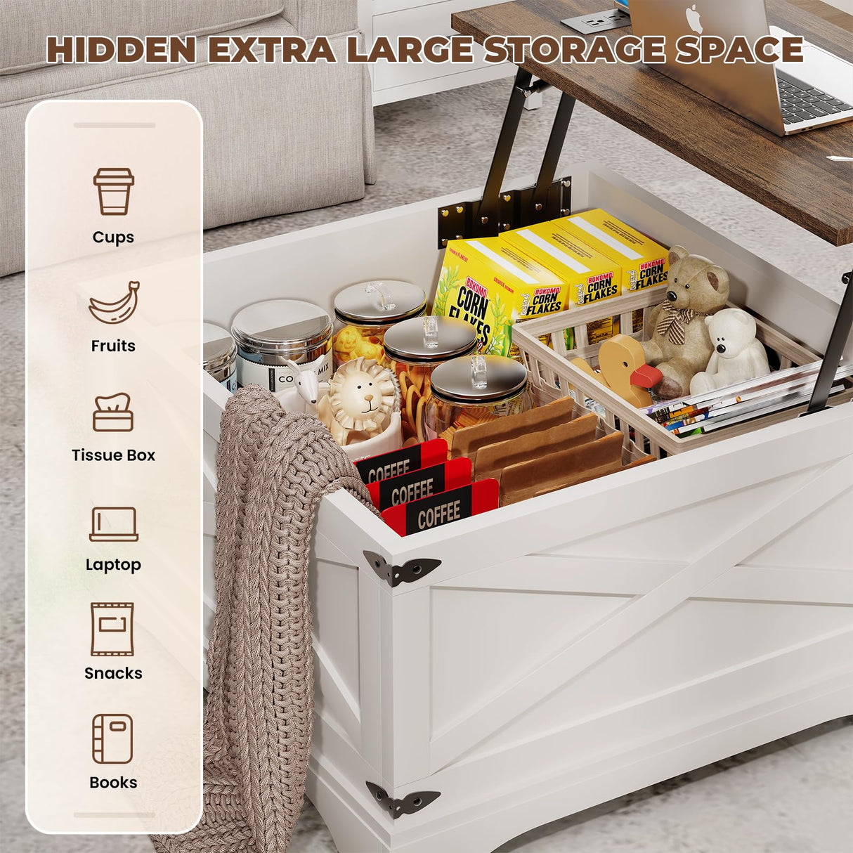 BROTTAR Lift Top Coffee Table with Storage, Square Coffee Table for Living Room with Wireless Charging, Farmhouse Coffee Table with Large Hidden Storage, White, 31.5" BROTTAR