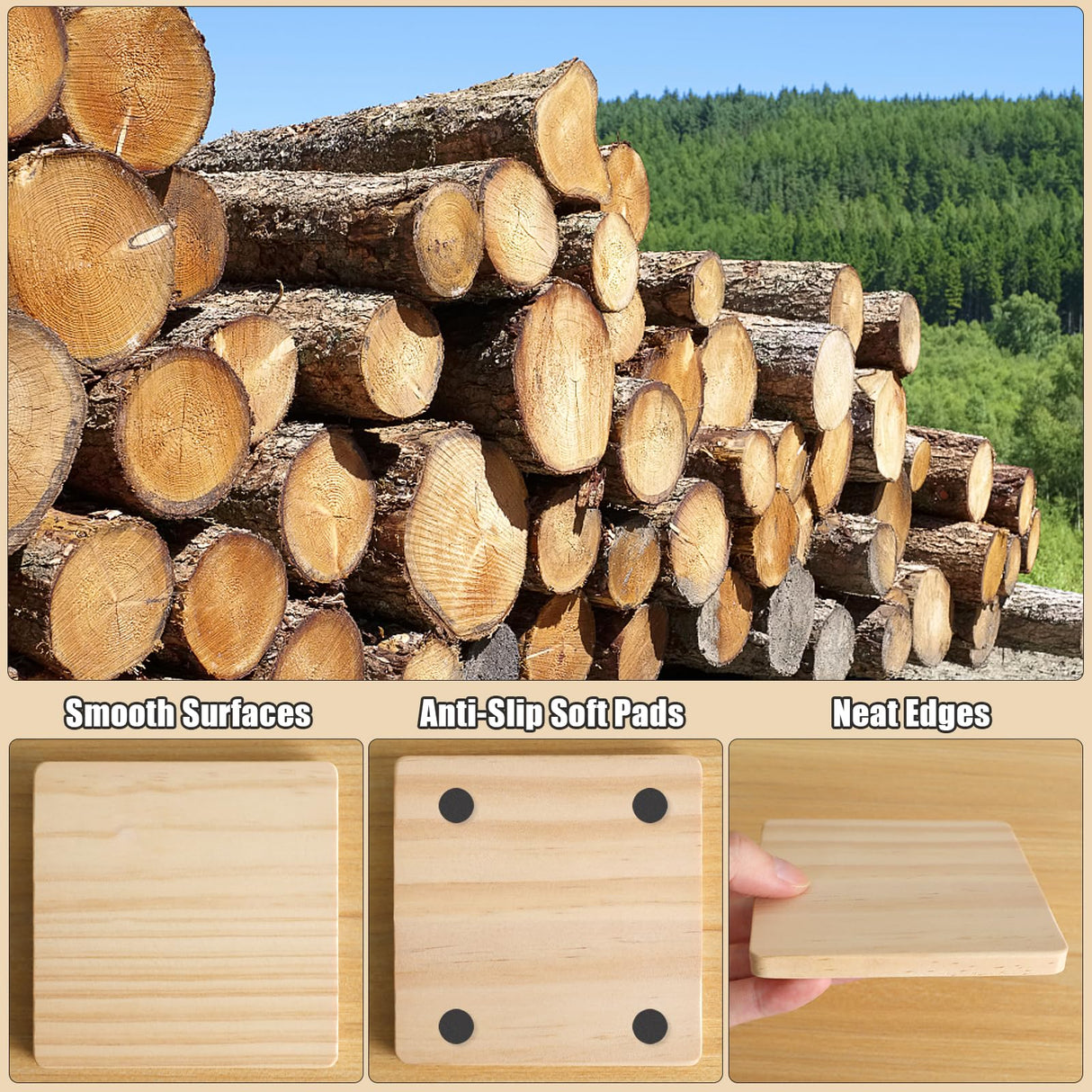 24 PCS Unfinished Square Wood Coasters, SIJDIEE 4 Inch Blank Wooden Craft Coasters with Non-Slip Foam Pad Stickers for DIY Stained Painting Wood Engraving Home Decoration Supplies SIJDIEE