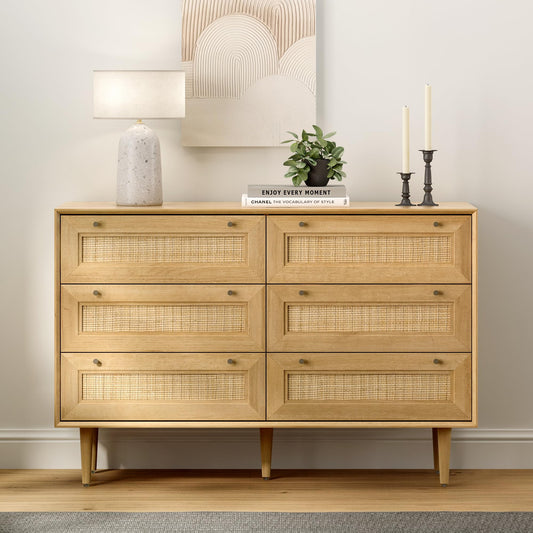 EYYTHUNG Rattan 6 Drawer Dresser, Modern Closet Dressers of Drawers with Natural Rattan, Boho Dresser Chest, TV Stand of Drawers, Wood Storage Drawer Organizer for Bedroom Living Room Entrywa - WoodArtSupply