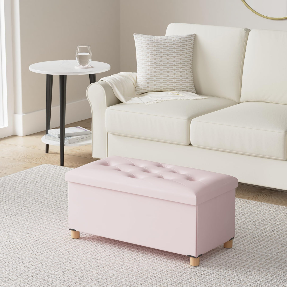 BRIAN & DANY 30 Inches Folding Storage Ottoman Bench, Ottoman with Storage for Living Room, with Wooden Feet and Lid, Pink BRIAN & DANY