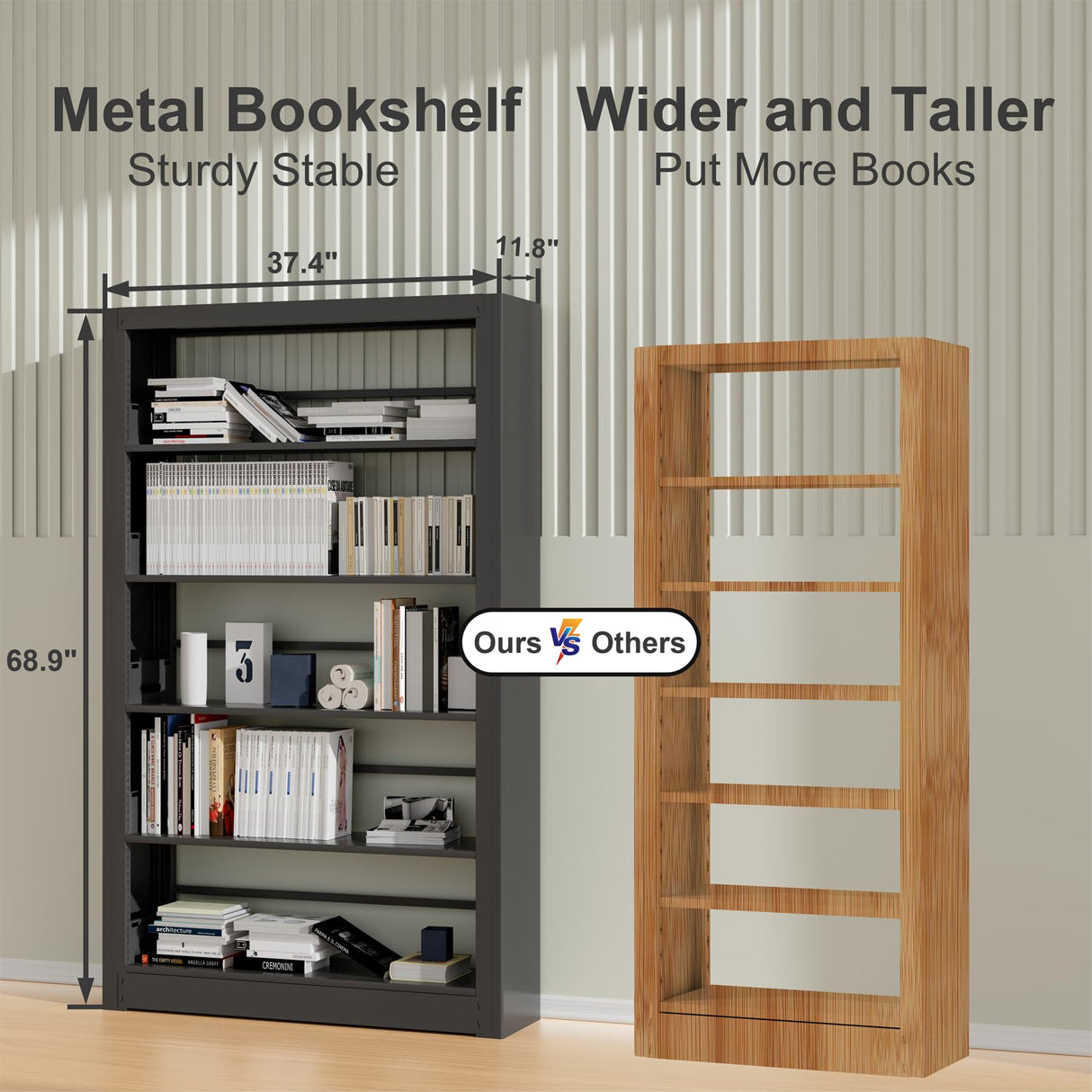 OSEILLC 69" Tall Heavy-Duty Bookshelf, 5-Tier Metal Bookshelf with Adjustable Shelves, Open Shelf Bookcase, Tall Bookshelves for Home Office, Library, Bedroom, Including Book Stopper OSEILLC