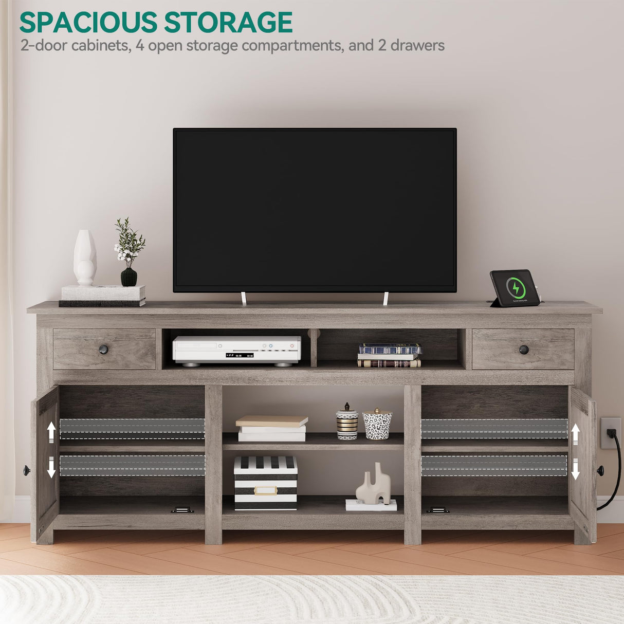 YITAHOME TV Stand for 75/80 Inch TV, Farmhouse Entertainment Center with Storage, 70 Inch TV Cabinet with Drawers and Power Outlet, TV Console for Living Room (Grey Oak) YITAHOME