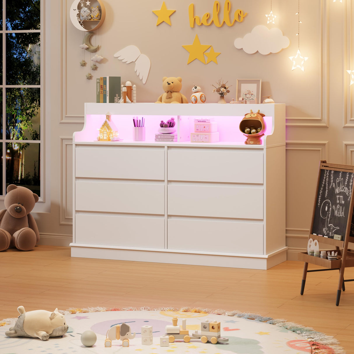 Dresser for Bedroom, 6 Drawer Dresser with LED Lights and Charging Station, Wide Chest of 6 Drawers with Open Space, Modern Large Capacity Storage Cabinet, Living Room, Hallway, White GarveeHome