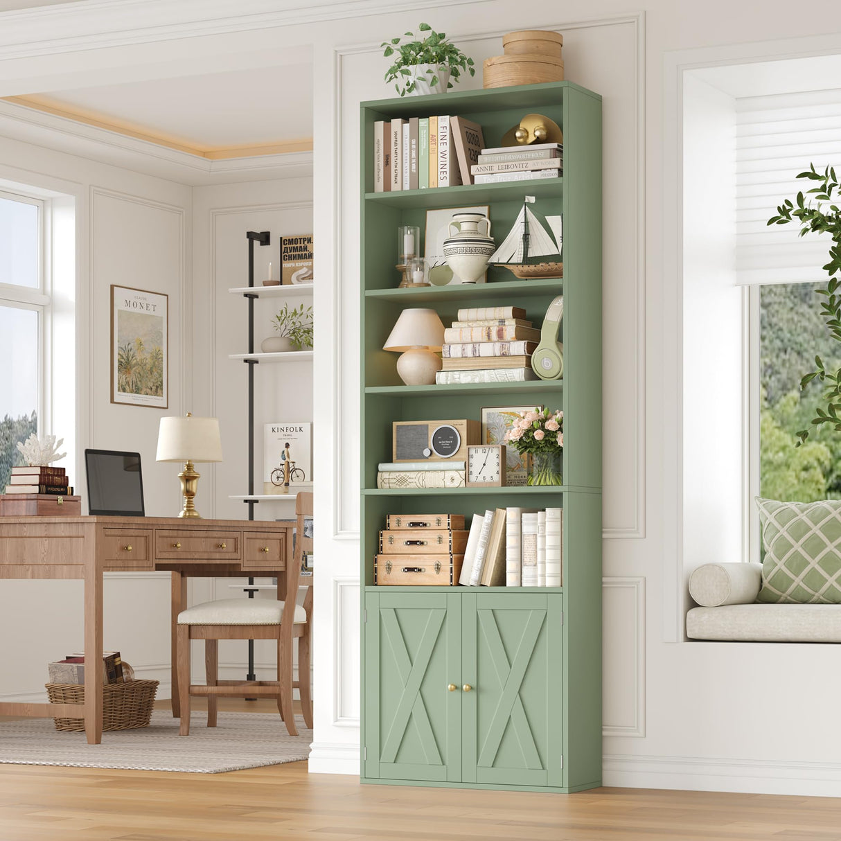 FACBOTALL 82" Tall Bookcase and Book Shelf, 24" Wide Bookshelf with Doors, 7 Tier Bookcase with Storage and Adjustable Shelf, Open and Display Farmhouse Bookshelf for Living Room, Home Office, Green FACBOTALL