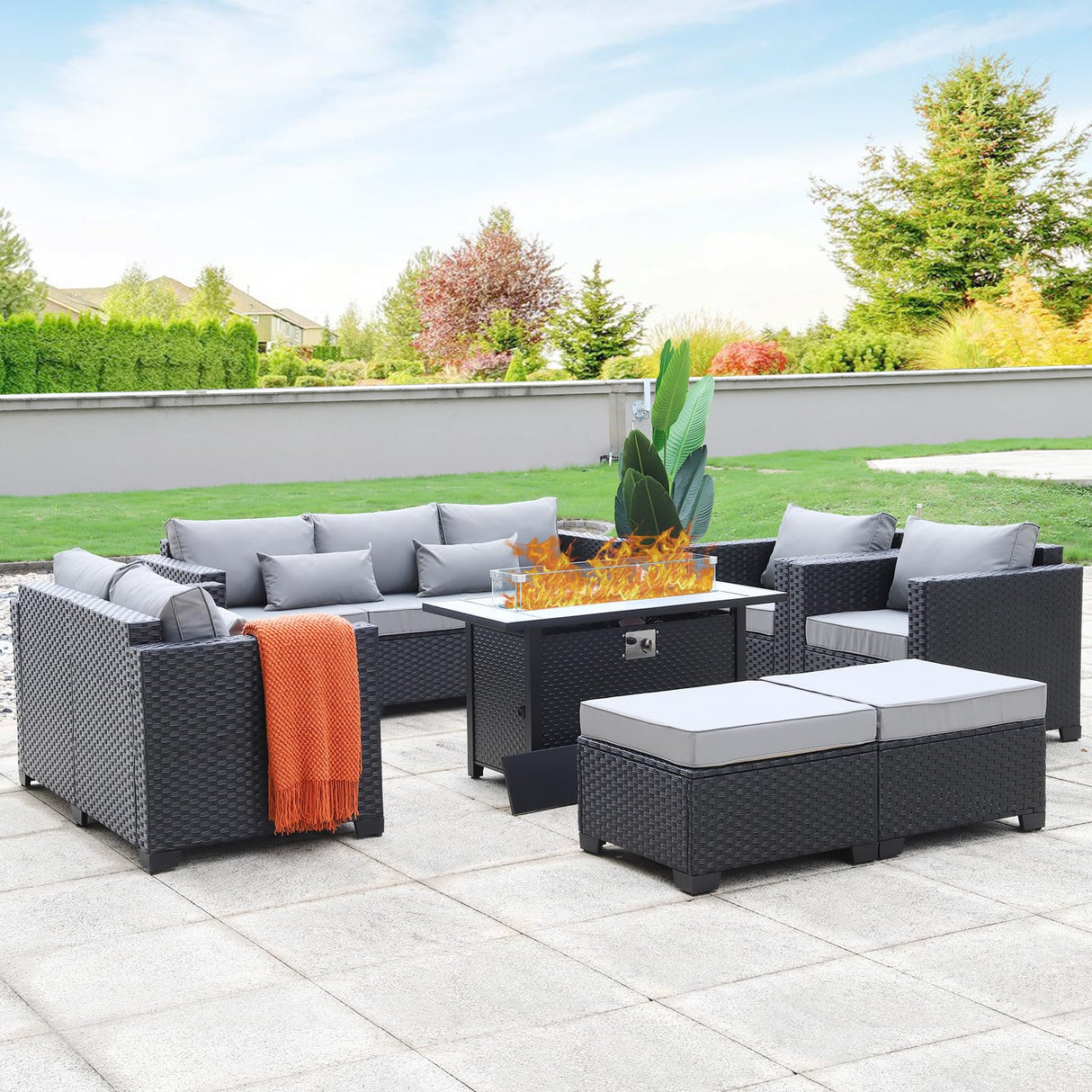 Rattaner 7 PCS Outdoor Furniture Sets 60000BTU 45-Inch Outdoor Propane Fire Pit Table Patio Furniture Set No-Slip Cushions and Waterproof Covers, Light Grey Rattaner