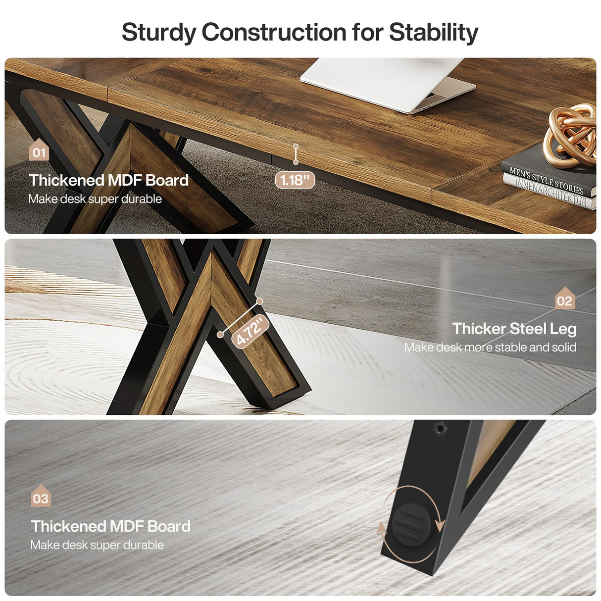 Tribesigns 63 Inches Large Office Desk, Modern Executive Computer Desk with Thickened Frame and Board, Executive Office Desk Workstation Business Office Furniture, Rustic Brown & Black Tribesigns