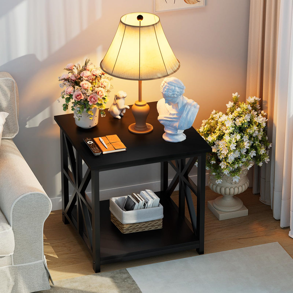 GreenForest End Table with 2-Tier Storage Shelf, 24 inch Side Table for Living Room, Modern Nightstand for Bedroom Bedside Office Farmhouse, Black GreenForest