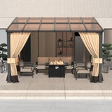 RTDTD 10' x 12' Gazebo，Hard Top Lean to Gazebo Wall Mount Heavy Hardtop Gazebo Outdoor Pergola with Curtains and Netting for Patio Garden Lawn Backyard Deck (Brown) RTDTD