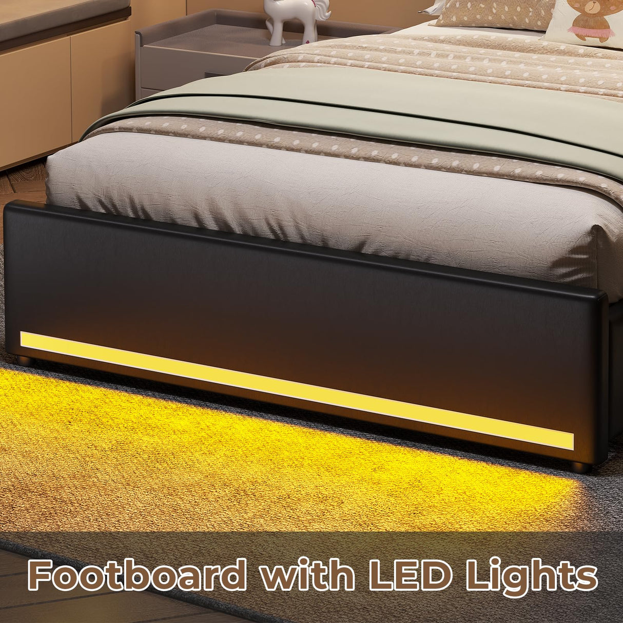 HAUOMS Twin Bed Frame with 3-Tier Headboard & Hidden Storage, Upholstered LED Bed Frame with 4 Drawers and Charging Station,Platform Metal Bed Frame with Storage, No Box Spring Needed, PU Black HAUOMS