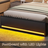 HAUOMS Twin Bed Frame with 3-Tier Headboard & Hidden Storage, Upholstered LED Bed Frame with 4 Drawers and Charging Station,Platform Metal Bed Frame with Storage, No Box Spring Needed, PU Black HAUOMS