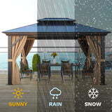 DWVO 10x12ft Hardtop Gazebo Double Roof Polycarbonate Canopy Outdoor with Netting and Shaded Curtains, Aluminum Frame Garden Tent for Patio, Backyard, Deck and Lawns, Brown DWVO