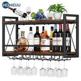 Homeiju Wall Mounted Wine Rack, Bottle & Glass Holder Wood-Metal Retro Wine Rack, Wine Bottles Display Wall Storage for Kitchen Dining Room Home Bar Homeiju