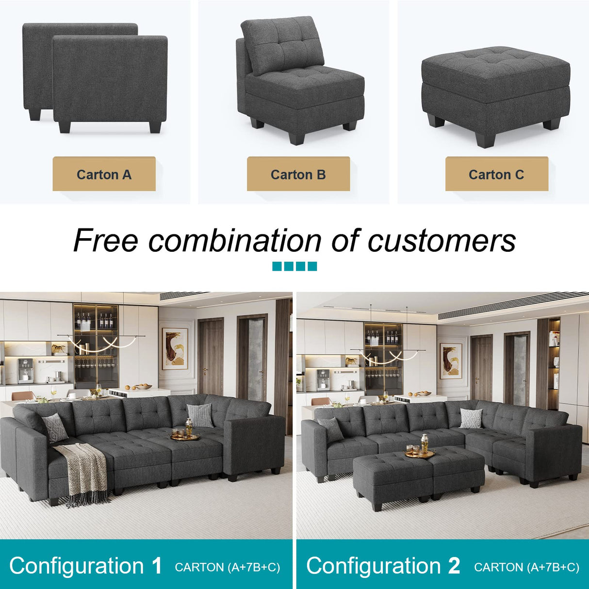 Belffin Modular Sectional Sofa Set with Ottomans Oversized U Shaped Sofa Set with Storage Seat Modular Sofa Couch with Reversible Chaises Modern Fabric Dark Grey Belffin