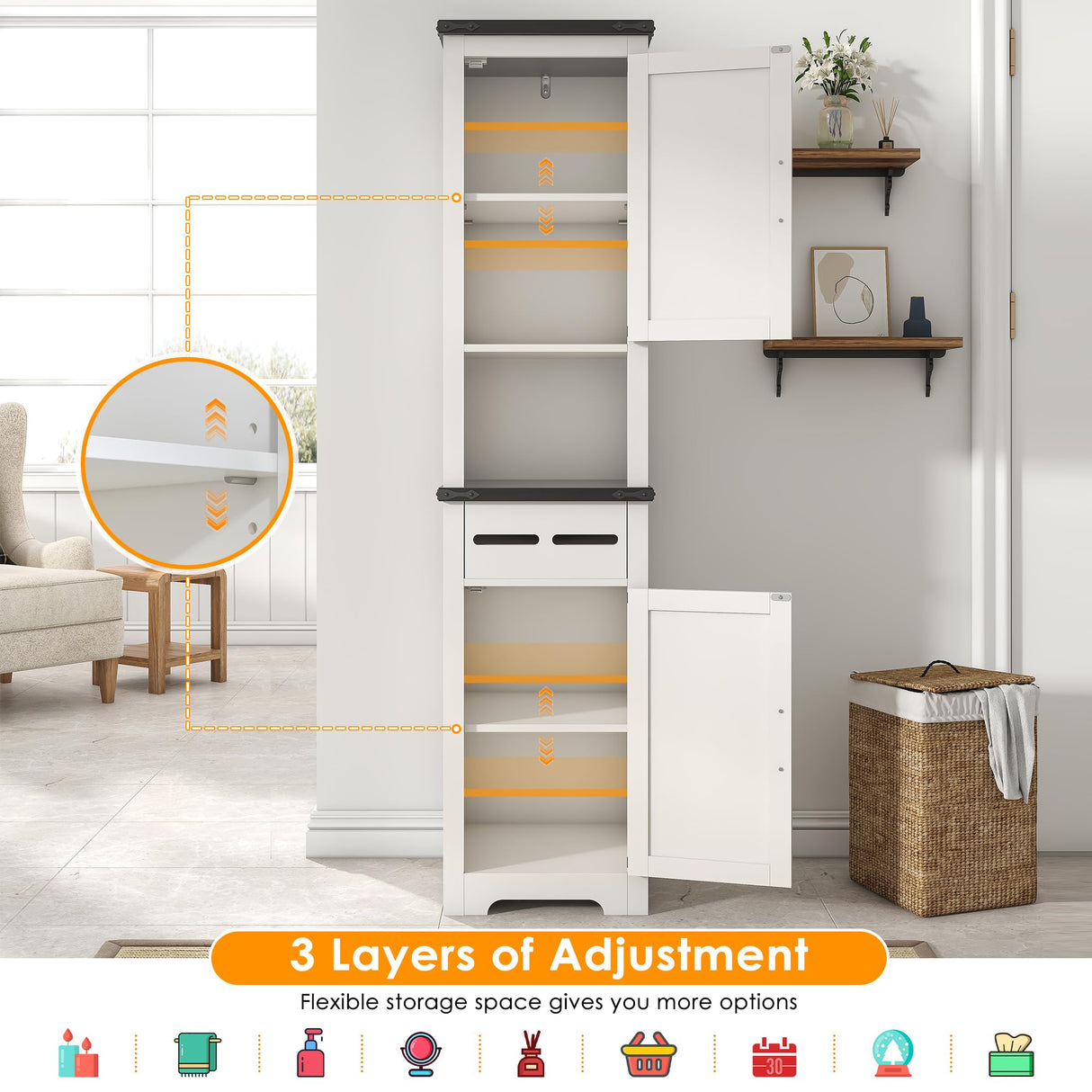 Kepptory Tall Farmhouse Storage Cabinet with Adjustable Shelves and Paper Holders for Bathroom, Living Room, and Kitchen kepptory