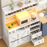 VVFLU Hutch Storage Buffet Cabinet with Drawers, and Charging Station, Coffee Bar Cabinet with Barn Doors, Wine Rack and Hooks, White Wood Sideboard Buffet for Kitchen, Dining Room, 54.5" High VVFLU