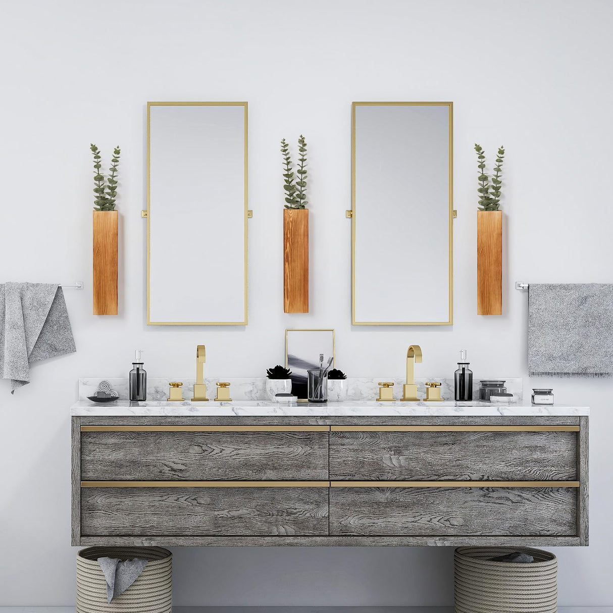 Mokof Wood Wall Planters with Artificial Plant Eucalyptus, Modern Farmhouse Wall Decor for Living Room, Bedroom, Bathroom, Wooden Pocket Hanging Wall Vase with Faux Plants Greenery Decor (3 Pack) Mokof