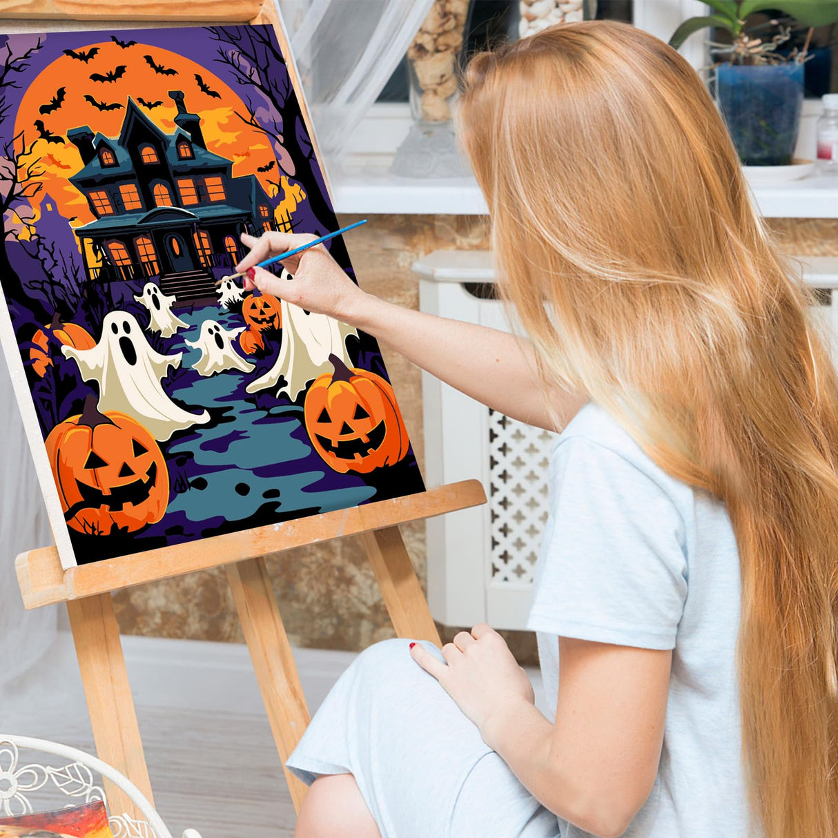 Bowetile Halloween Framed Paint by Numbers for Adults Beginners, Easy Adults' Paint-by-Number Kits on Canvas, Acrylic Castle Number Painting Crafts Kits Halloween Gifts for Home Decor, 8x12in Bowetile