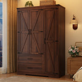 Farmhouse Wardrobe Armoire Closet with 3 Doors and 2 Drawers, 70.1" Wooden Clothing Storage Cabinet, Freestanding Large Capacity Storage Wardrobe Armoire with Hanging Rod for Bedroom, Brown St.Mandyu