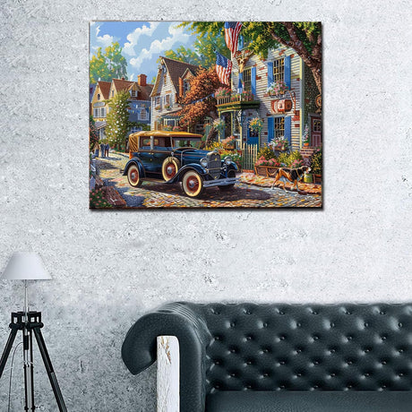 American Style Towns Paint by Numbers for Adults American Town Landscape DIY Paint by Numbers Acrylic Paint Canvas Vintage Classic Cars Dog Painting Kits Leisurely Vacation Art 16x20 Inch（Frameless） Generic