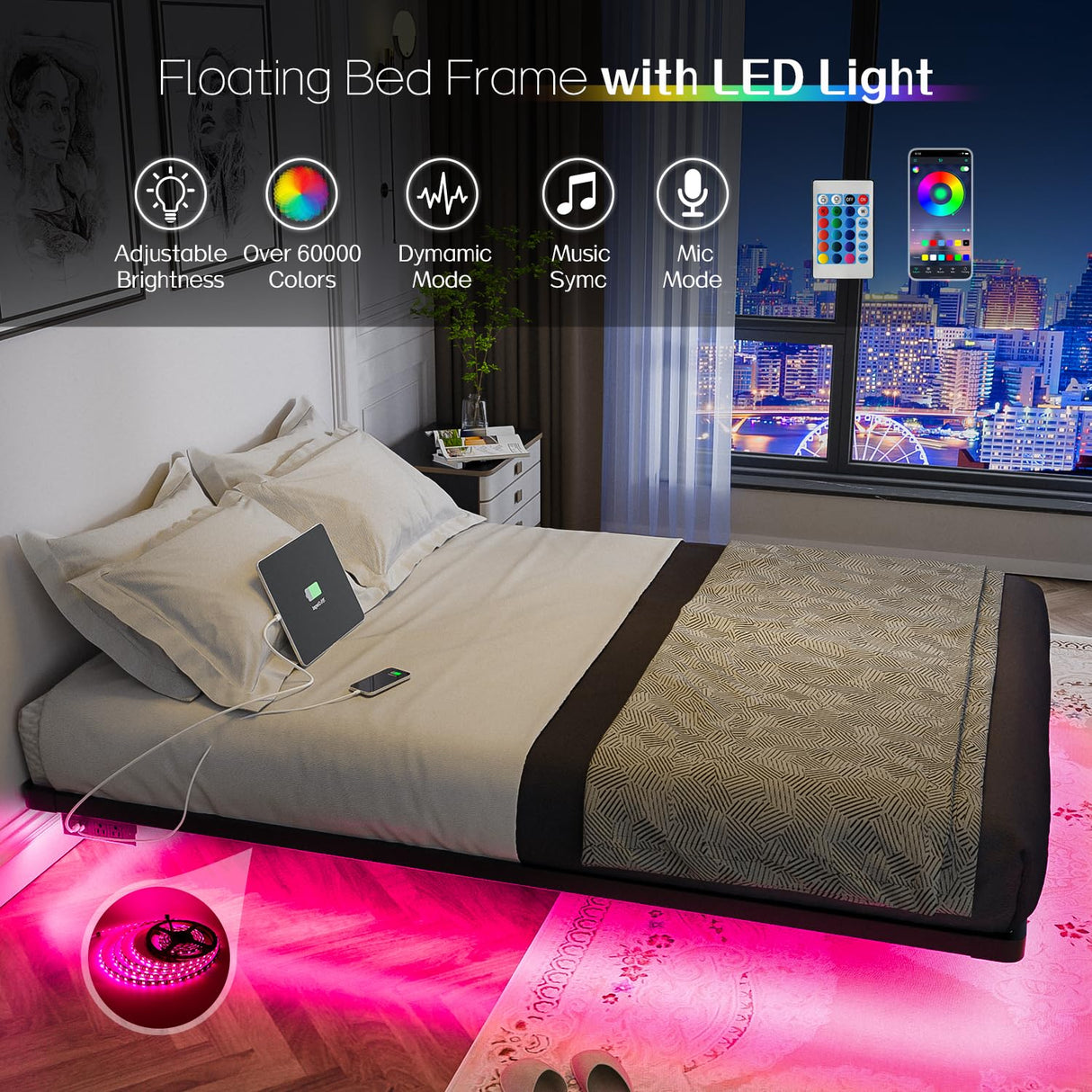 OLEVS Floating Bed Frame Full Size with Smart LED Lights and Charging Station - Modern Metal Platform Bed, Easy Assembly No Box Spring Needed OLEVS