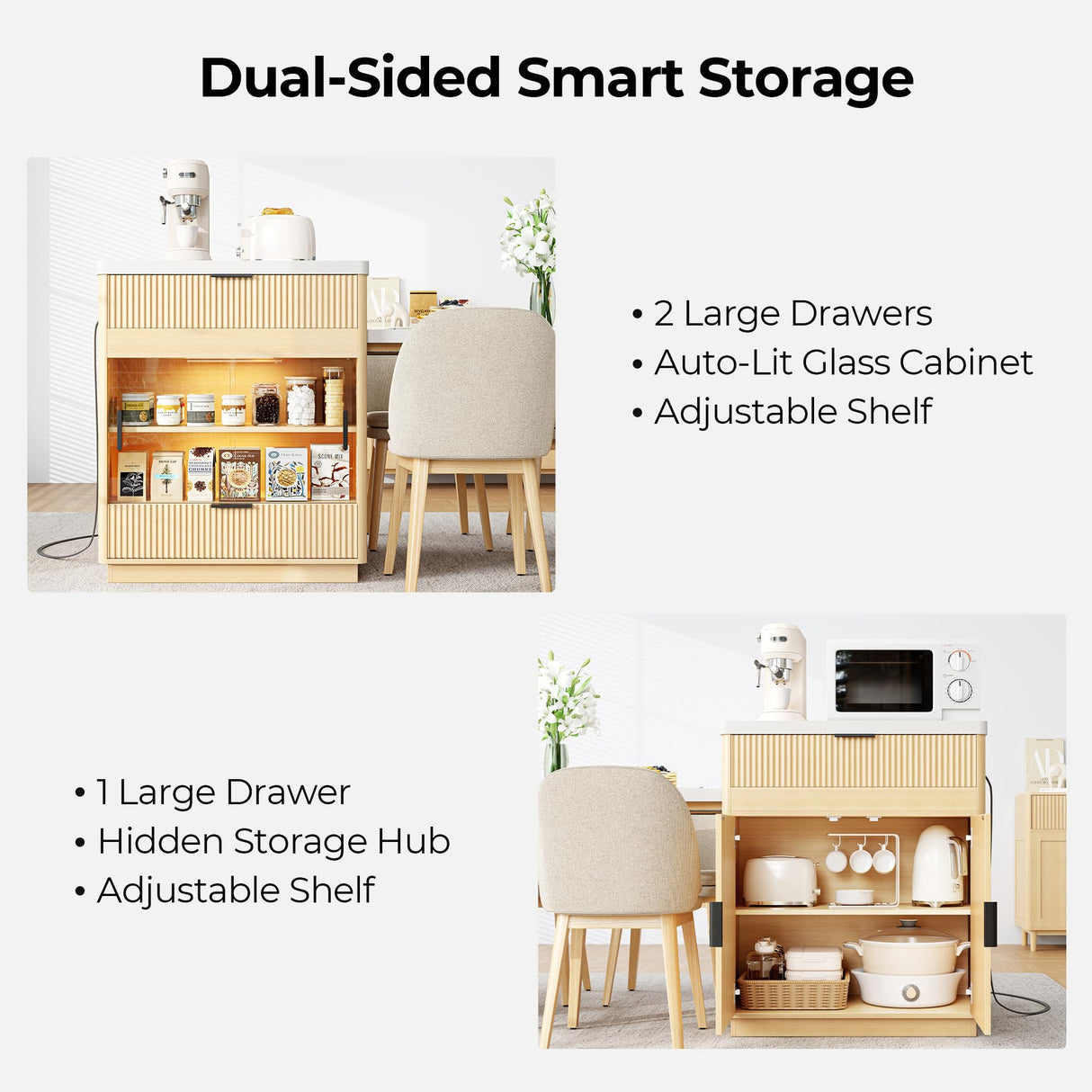 IRONCK 78.7" Kitchen Island with Extendable Dining Table & Storage for 2-6, with Motion-Sensor LED Tempered Glass Cabinet, Charging Station, Spice Racks, Quartz Laminate Top for Dining Room (Oak) IRONCK