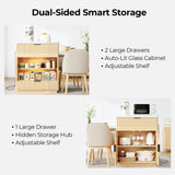 IRONCK 78.7" Kitchen Island with Extendable Dining Table & Storage for 2-6, with Motion-Sensor LED Tempered Glass Cabinet, Charging Station, Spice Racks, Quartz Laminate Top for Dining Room (Oak) IRONCK