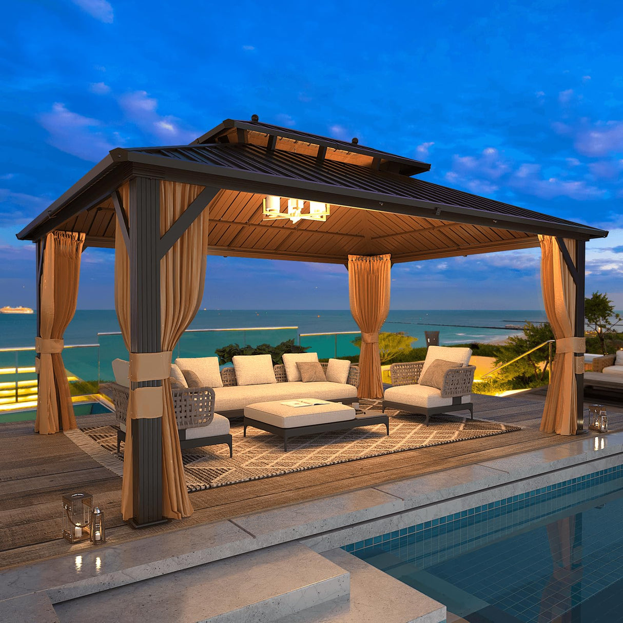 MELLCOM 12'x16' Hardtop Gazebo, Galvanized Steel Metal Double Roof Aluminum Gazebo with Curtains and Netting, Brown Permanent Pavilion Gazebo with Aluminum Frame for Patio, Lawn & Garden MELLCOM