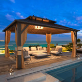 MELLCOM 12'x16' Hardtop Gazebo, Galvanized Steel Metal Double Roof Aluminum Gazebo with Curtains and Netting, Brown Permanent Pavilion Gazebo with Aluminum Frame for Patio, Lawn & Garden MELLCOM