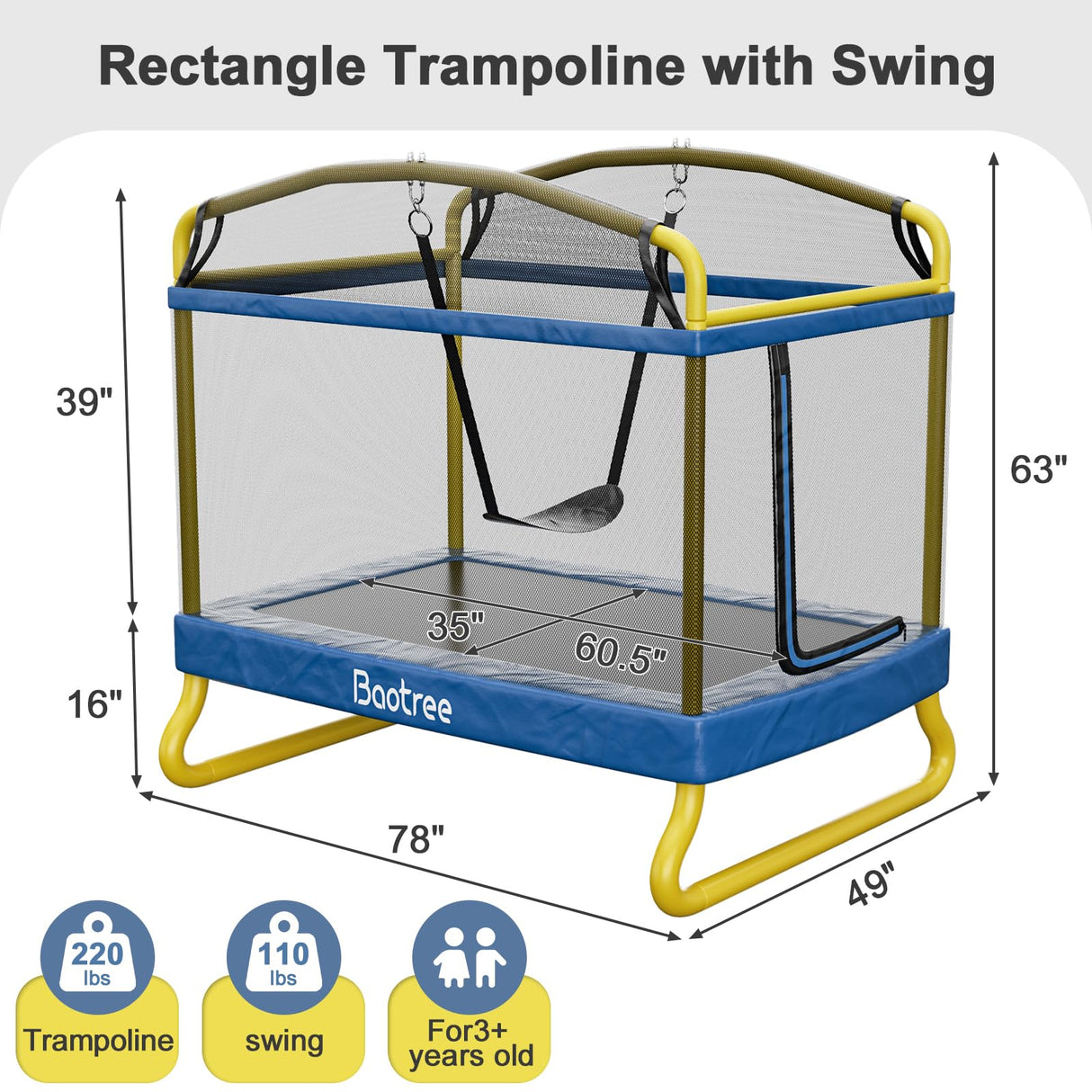 6.5FT Rectangle Trampoline for Kids, 78”ASTM Approved Recreational Trampolines with Swing, Small Toddler Trampoline with Safety Enclosure Net, Outdoor and Backyard, Gifts for Children & Boys & Girls Baotree
