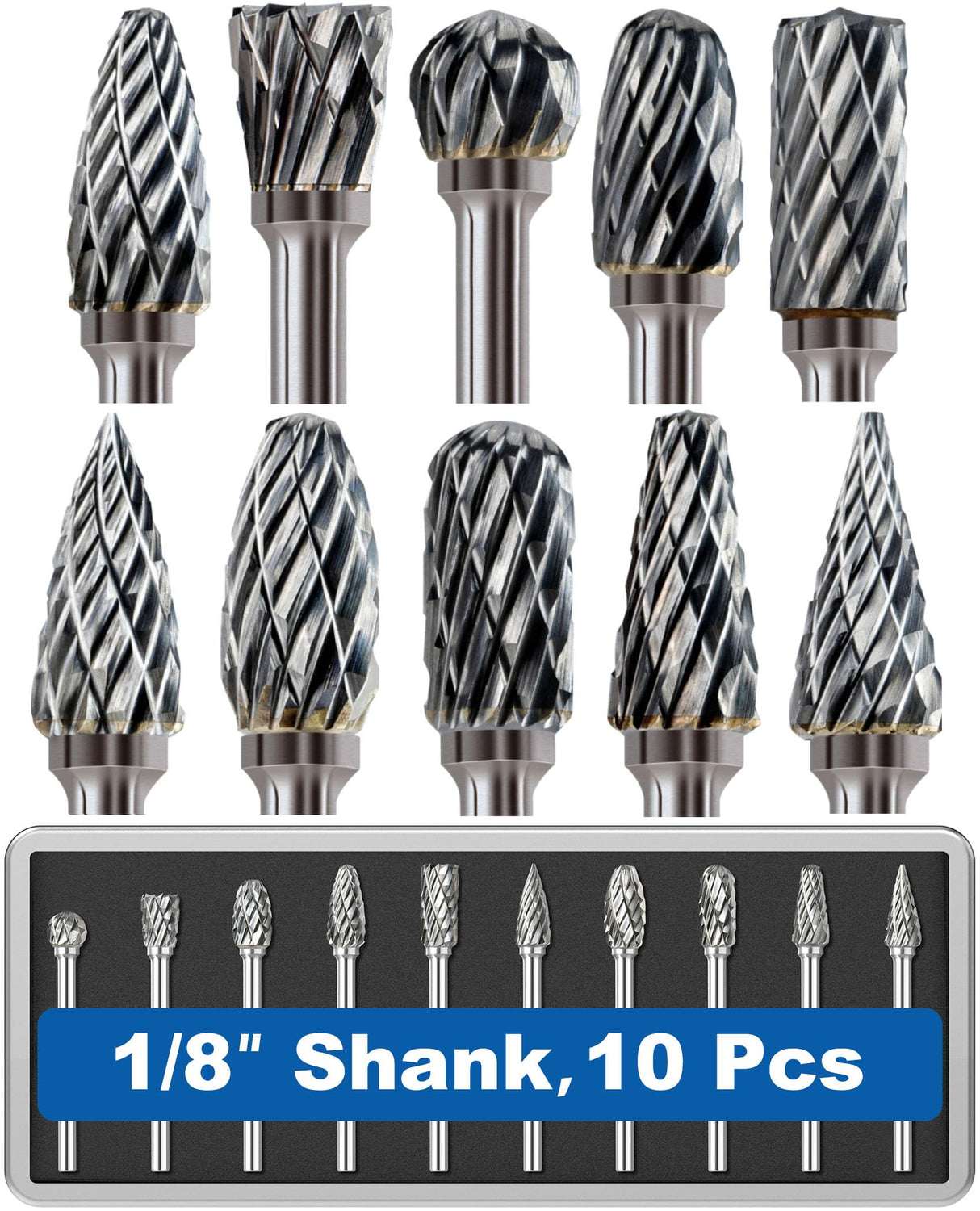 Sworker 10Pcs 1/8" Shank Carbide Burr Bits Compatible with Dremel Bits Metal Grinding Bits Wood Stone Carving Cutting Engraving Grinder Kit Attachment Rotary Tool Accessories Set Harder Than Diamond Sworker