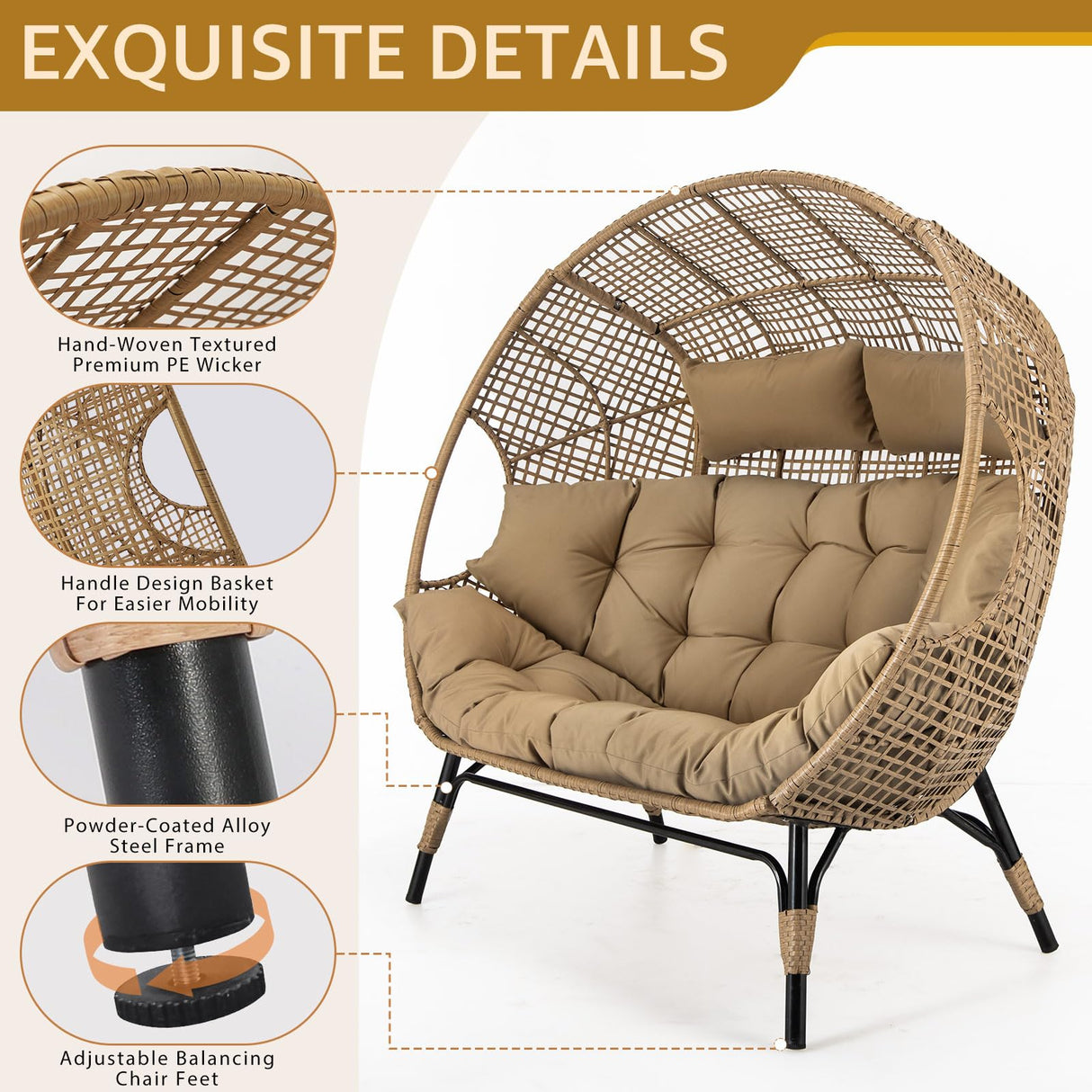 NICESOUL® Double Egg Chair Indoor Outdoor Stationary Oversized Thicken Padded Cushions,2 Person Egg Loveseat Chair, 680 lbs Extra Large Lounge Chair for Patio Balcony Porch Brown NICESOUL