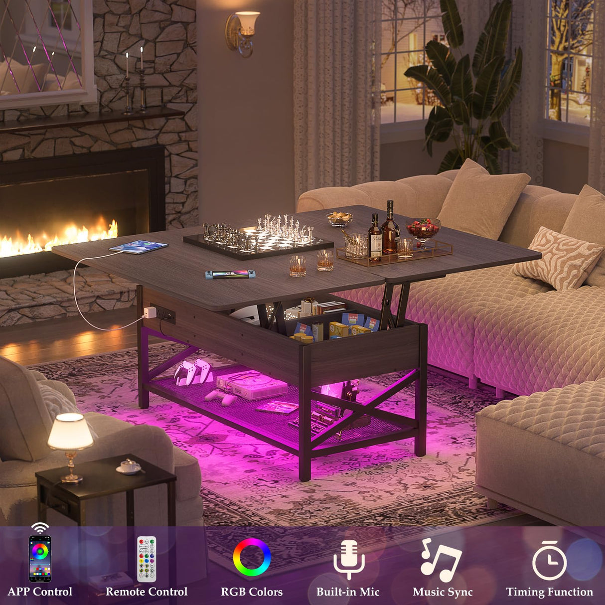 Aheaplus Coffee Table Lift Top Multi-Function Coffee Table Converts to Dining Table, with LED Light and Power Outlet, Center Table with Shelves for Living Room Reception Home Office,-S2, Espresso Aheaplus