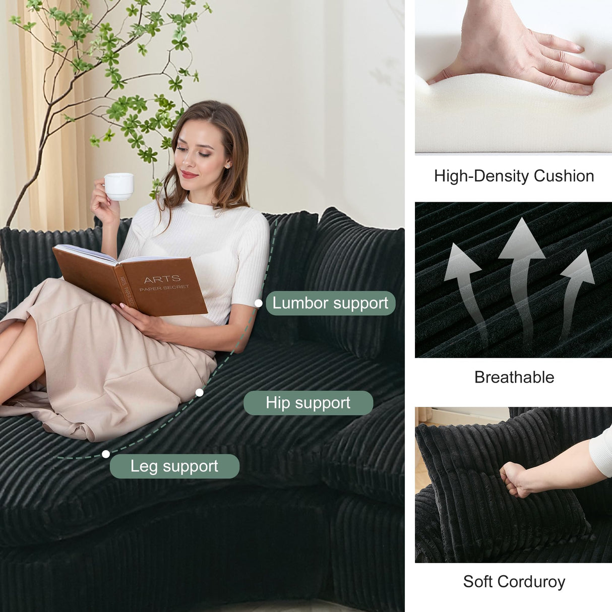 UQGVML 129'' Cloud Corduroy Couch for Living Room, Modern Curved Cloud Sofa, Upholstered Corner Couches for Living Room, L Shaped Sectional Couch (Black) UQGVML