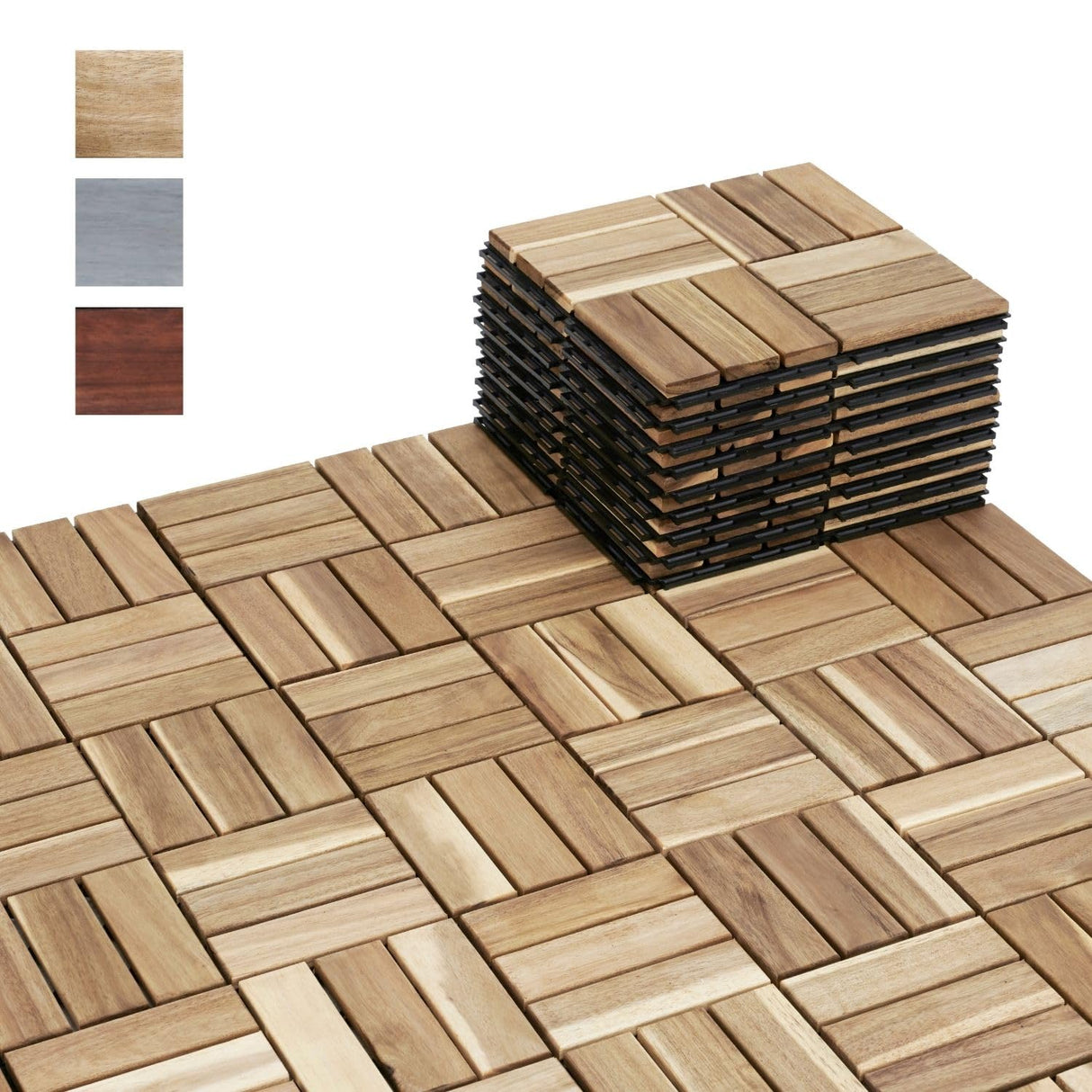 BEEFURNI Acacia Interlocking Deck Tiles (12"x 12" 10 PCS), Wood Deck Tiles Interlocking Outdoor All Weather, Patio Flooring for Indoor Outdoor use, 1-Year Manufacturer Warranty (Natural Wood) BEEFURNI