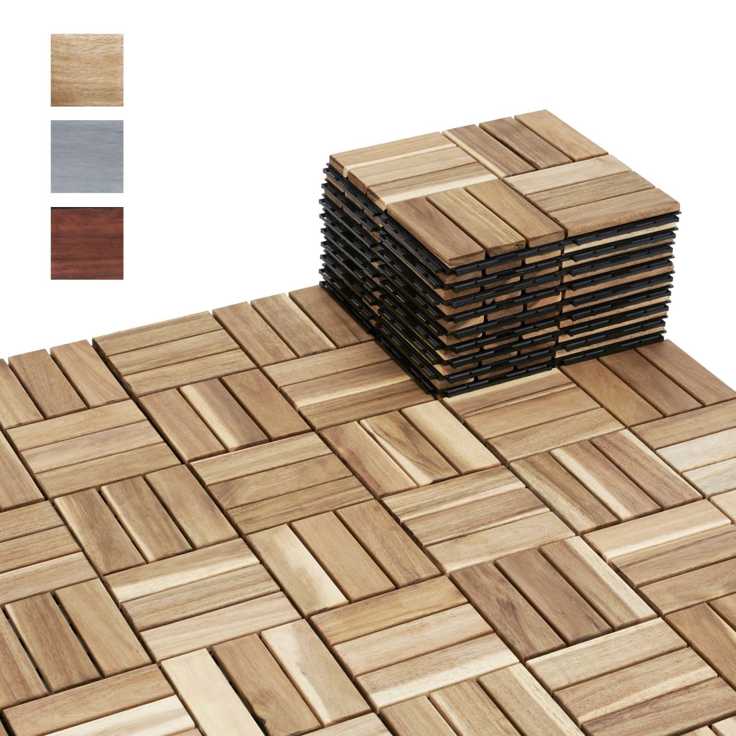 BEEFURNI Acacia Interlocking Deck Tiles (12"x 12" 10 PCS), Wood Deck Tiles Interlocking Outdoor All Weather, Patio Flooring for Indoor Outdoor use, 1-Year Manufacturer Warranty (Natural Wood) - WoodArtSupply