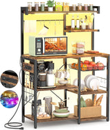 Aheaplus Bakers Rack with Power Outlet and LED Light Strings, Microwave Oven Stand Kitchen Storage Shelf with Wire Basket, Coffee Bar Station Island Table with 10 Hooks for Spices, Pots, Rustic Brown Aheaplus