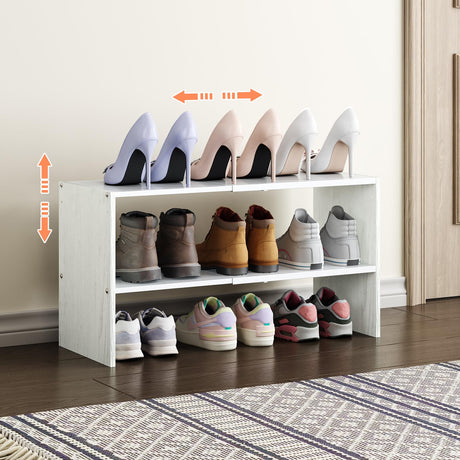 X-cosrack 2-Tier Shoe Rack Organizer for Closet, Expandable and Adjustable White Shoe Rack, Stackable Iron Wood Combination Shoe Storage Shelves for Closets, Entryway, Small Space, Hallway, Garage X-cosrack