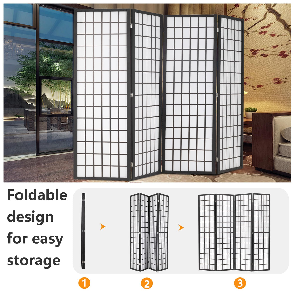 Room Divider 6Ft Folding Oriental Shoji Screen - Portable Privacy Divider with 4 Panels, Freestanding Japanese-Inspired Wood Partition Screen, White PayLessHere