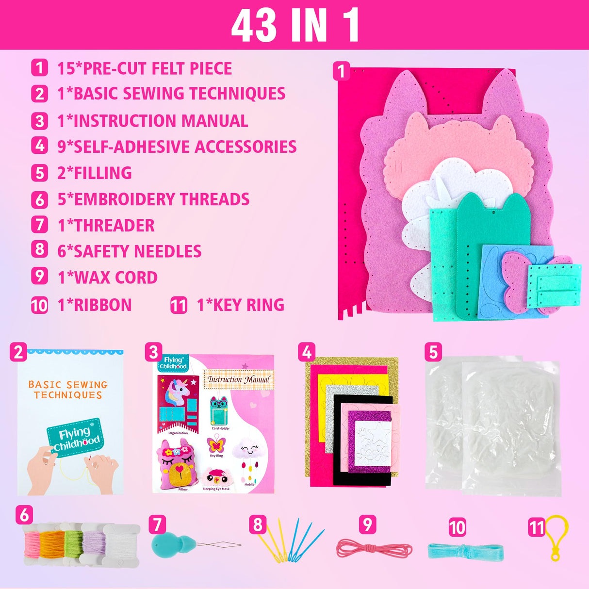Flying Childhood Soft Felt Sewing Kit for Kids Arts & Crafts, 6 Easy DIY Stuffed Animal Dolls and Plush Pillow, Instructions, Gifts for Girls 6-12, Embroidery Kit for Learn Sew Flying Childhood