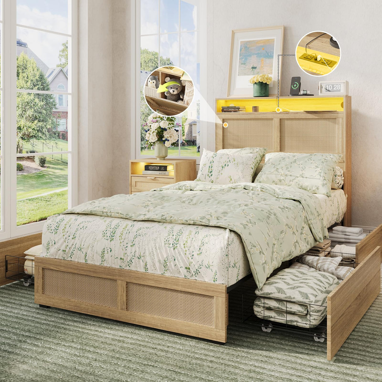 Maupvit Twin Size Boho Bed Frame with Rattan Hidden Storage Headboard, LED Light and 4 Drawers, Charging Station, Metal Platform Bed, No Box Spring Needed,Brown Maupvit