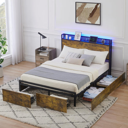 IDEALHOUSE Vintage Brown Queen Bed Frame with LED, Charging Station, and 6 Storage Drawers - WoodArtSupply