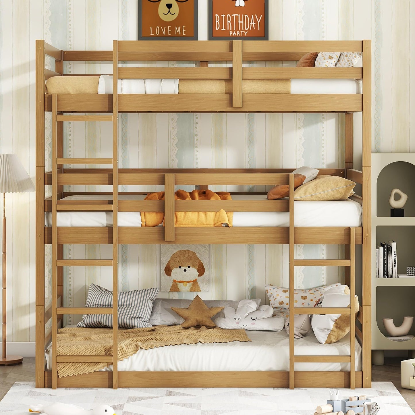 Twin Over Twin Over Twin Triple Bunk Bed for Kids,3 Bed Bunk Beds for 3,Solid Wood Twin Size Triple Bunk Bed with Two Built-in Ladders,Detachable Triple Bunk Beds,Natural