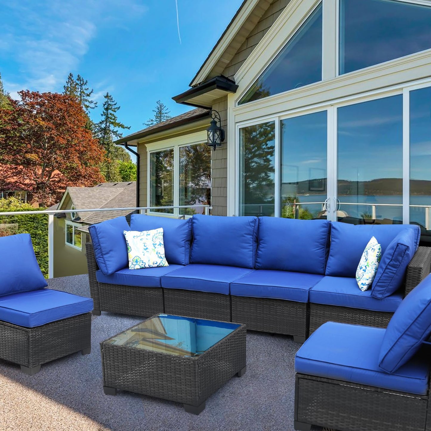 7 Pieces Outdoor Rattan Wicker Patio Set with Coffee Table, Armless Seats and Corner Seats, 2 Pillows Included,Sectional Furniture Chair Set，Coffee/Blue… - WoodArtSupply