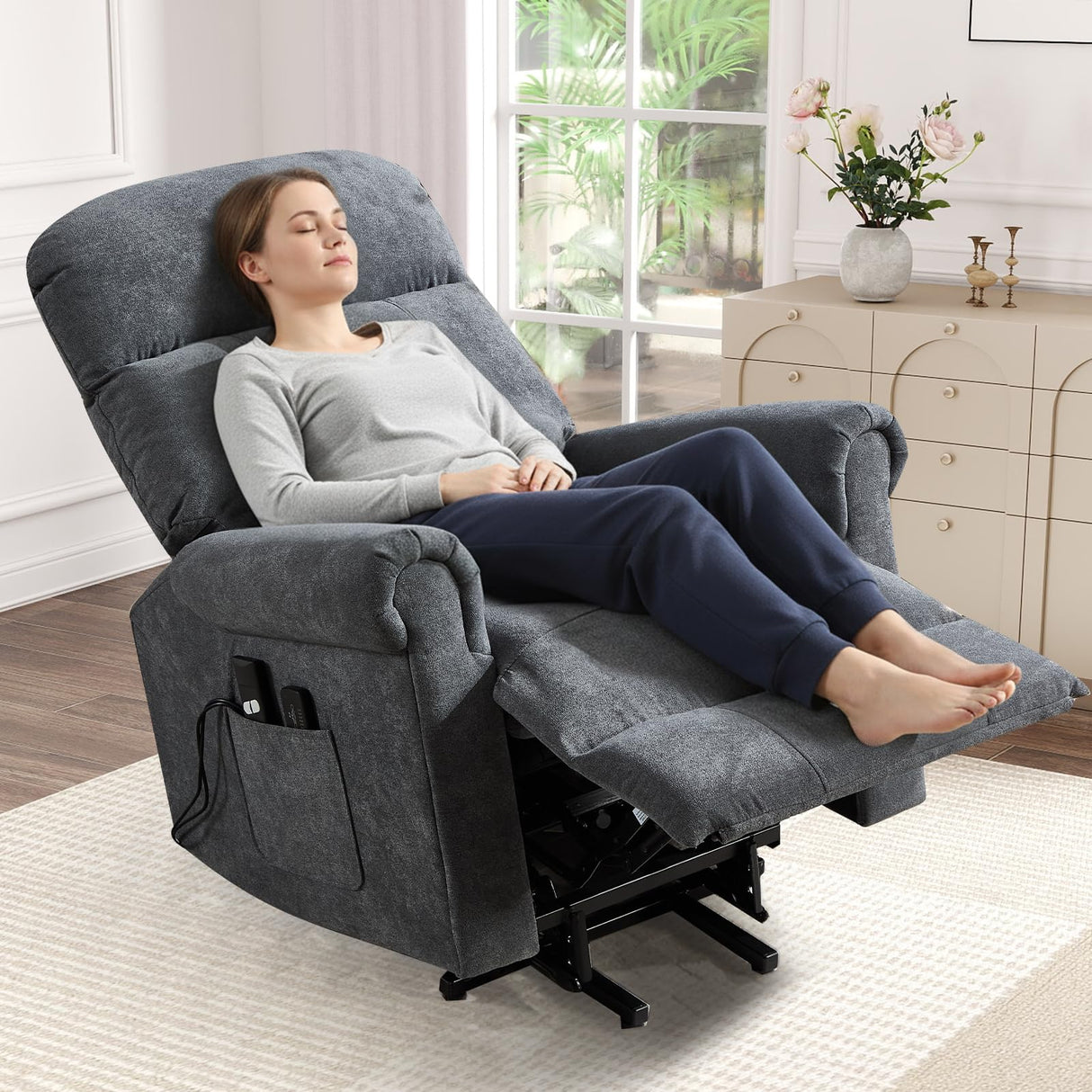 HAOMARKETS Power Lift Recliner Chair with Massage and Heat for Elderly, Electric Recliners with Remote Control,Soft Fabric Upholstered Reclining SingeSofa with Side Pocket for Living Room, Grey HAOMARKETS
